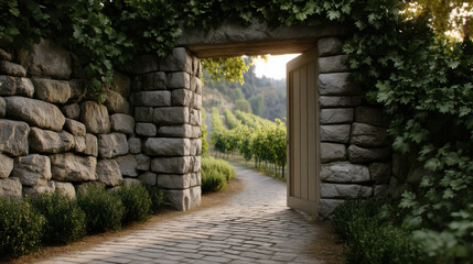Obraz premium Ancient vineyard, early morning, stone wall, open wooden gate, cobblestone path, lush greenery, sunlight