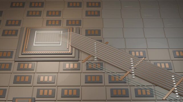 AI processor with diagonal high-speed data river and warm upper-right copy space