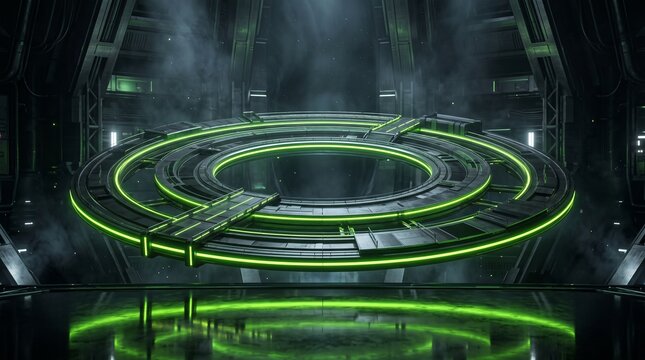 Floating circular exhibition stage with open center and luminous lime neon perimeter, futuristic suspended architecture for immersive technology presentations