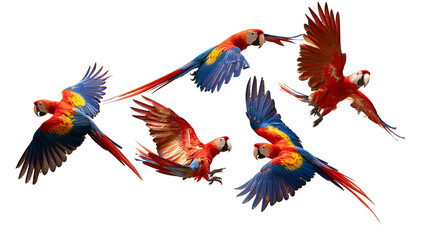 Vibrant scarlet macaw parrots in various flight poses with colorful plumage © Ophelia