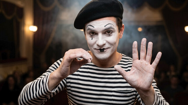 Mime artist performing with white face paint in striped shirt and beret, expressing emotions through gestures and movement. Captivating mime performance captivates audience at theater event,
