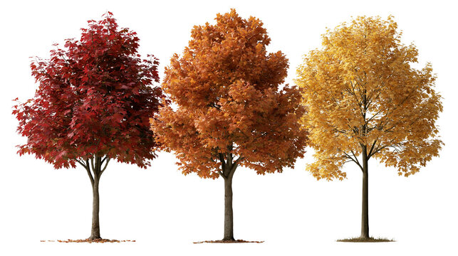 Three deciduous maple trees with vibrant red orange and yellow autumn foliage