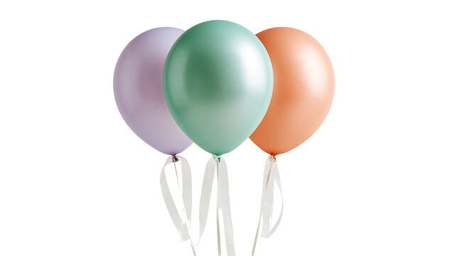 Three pastel colored balloons with white ribbons in lavender green and peach
