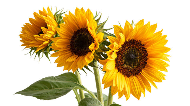 Three vibrant yellow sunflowers with green leaves and dark brown centers