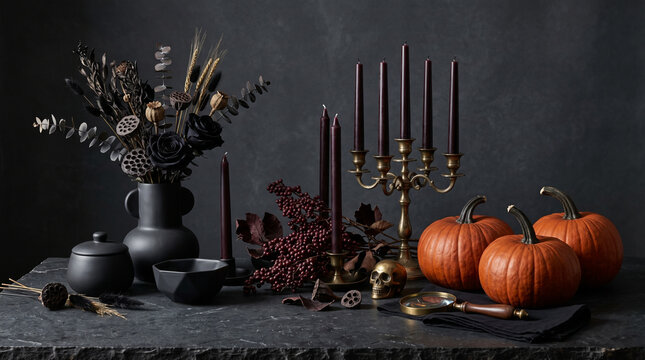 Halloween still life with pumpkin and black candles