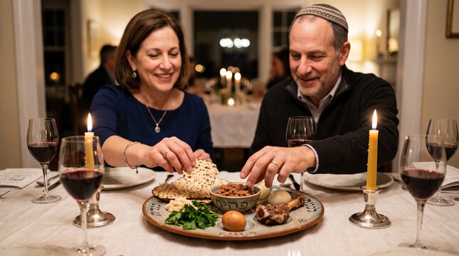Jewish Passover Seder plate ritual with couple enjoying traditional meal and wine at festive table. Jewish Passover includes symbolic foods on Seder plate during meaningful gathering.