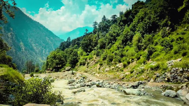 Scenic mountain river valley with lush greenery and rocky stream bed