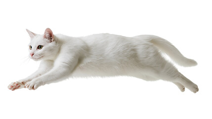 Full length side view of a white cat leaping or pouncing with extended paws © Ophelia