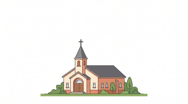 Flat design illustration of a small traditional parish church building with a steeple and cross standing in a peaceful community setting Christianity
