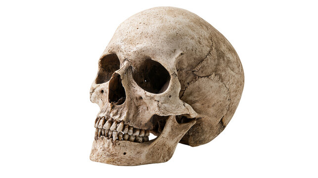 Weathered human skull with detailed bone texture and visible teeth