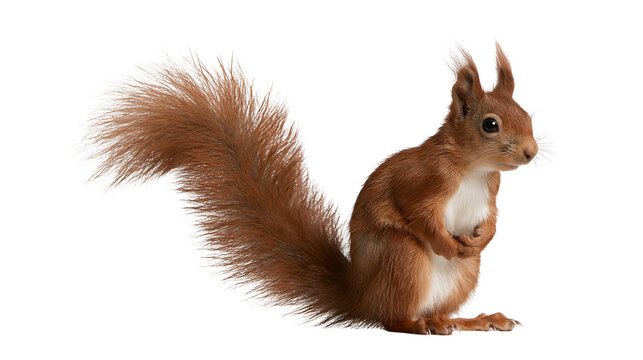 Red squirrel with fluffy tail standing upright in profile view