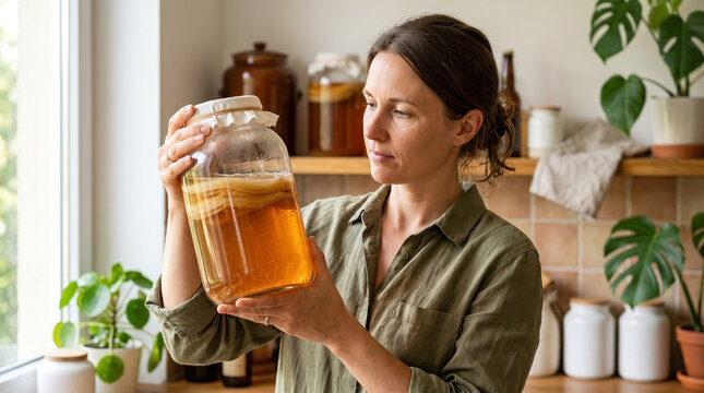 Woman observing kombucha scoby in glass jar on wooden kitchen counter. Kombucha fermentation process shown with brewed tea inside jar and natural light from window.