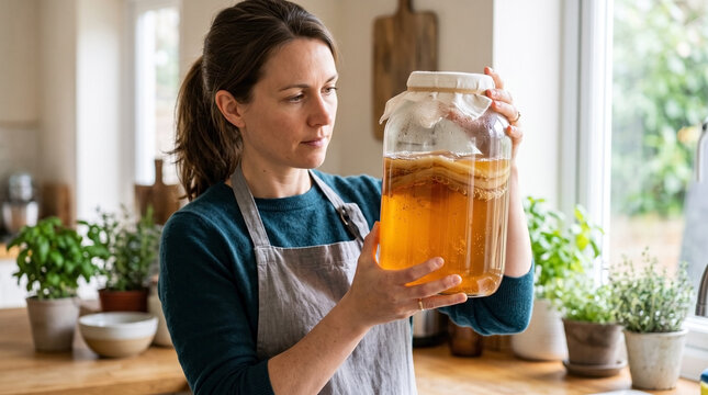 Kombucha fermentation in glass jar with woman monitoring scoby and tea at home kitchen. Kombucha brewing involves natural ingredients: tea, sugar, and culture, to create healthy beverage.