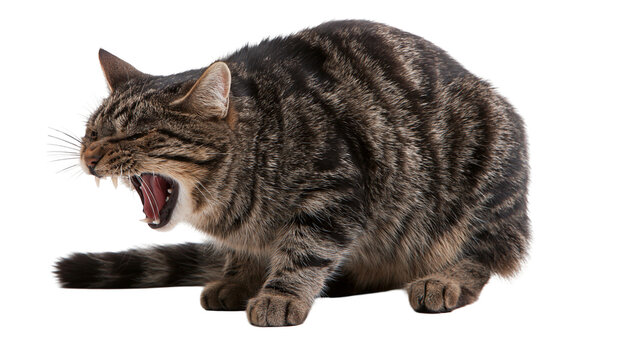 Aggressive brown tabby cat hissing with mouth open and sharp teeth showing