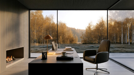 Obraz premium Modern luxury home office with large glass windows, autumn forest view, cozy fireplace, elegant furniture