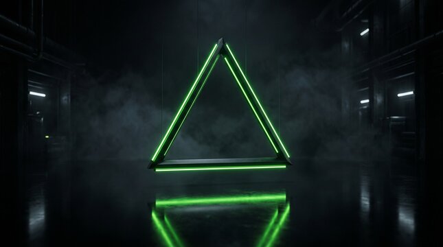 Minimalist floating triangular frame with glowing lime neon edges, suspended above a dark reflective floor in a futuristic cyberpunk studio