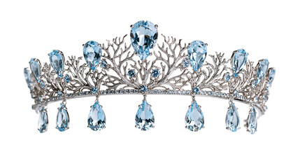 Silver tiara with intricate branch design and hanging pear shaped blue gemstones © Ophelia