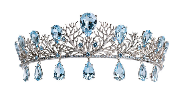Silver tiara with intricate branch design and hanging pear shaped blue gemstones
