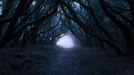 Obraz premium The Forest Tunnel Beneath Twisted Branches Toward a Moonlit Gateway