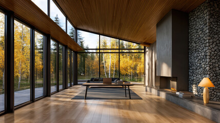 Obraz premium Modern luxury home office with large glass windows, wooden ceiling, stone fireplace, autumn forest view, and cozy ambiance