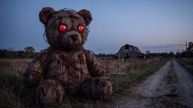 Creepy Giant Stitched Teddy Bear on Rural Abandoned Farm