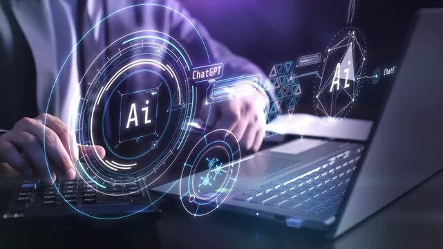 professional working man typing on laptop computer keyboard with artificial intelligence systems, data visualization, interface holograms, digital transformation, future technology business. AI. 3d