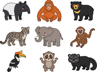 Obraz premium Cute Cartoon Tropical and Rainforest Animal Collection