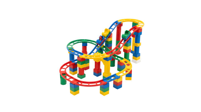 Colorful plastic roller coaster toy, construction building block track set, educational play structure isolated on white background