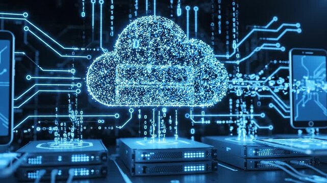 An animation of cloud computing with data servers and glowing binary code streams transferring information to mobile devices, representing modern data storage and wireless networking.