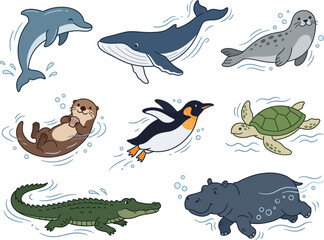 Obraz premium Cute Cartoon Aquatic Animal Character Collection