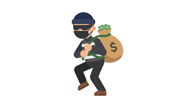 Burglar carrying a sack of money flat vector illustration