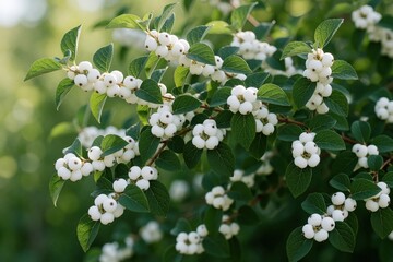 Obraz premium Close up of white snow berries on green leaves. Symphoricarpos albus shrub with ripe fruit grows in garden during autumn. Small white berries cluster on branches in natural park under bright