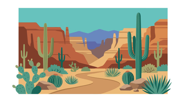 Desert landscape with cacti and canyon formations in a vector illustration