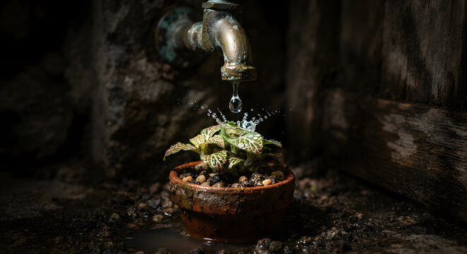 A single water droplet falling from a vintage faucet onto a small potted plant