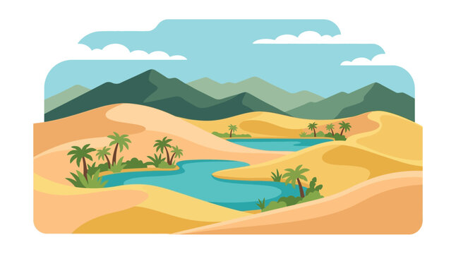 Desert oasis scene with mountains and palm trees a vector illustration