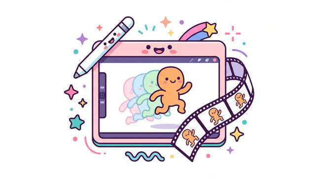Digital drawing tablet displaying onionskin frame animation of a cute jumping character.