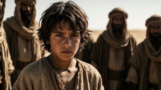 Young boy Joseph looks with fear, sadness. Brothers stand behind in dry desert landscape. Ancient biblical scene showing betrayal, hardship. Middle eastern men wear traditional robes in hot sun. Boy