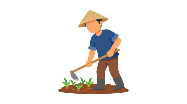Farmer tilling soil with hoe colorful vector illustration on white background