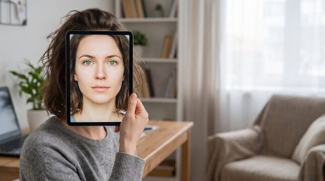 Person hides face behind tablet showing altered deepfake version