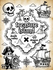 Obraz premium Hand drawn pirate map with skulls, pirate ships, tropical island. Black, white coloring page style shows treasure island with death valley, dragon hill. Cartoon sea adventure elements for kids