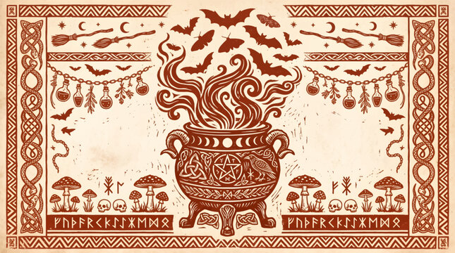 Ancient style cauldron emitting mystical flames surrounded by occult symbols with woodland illustration