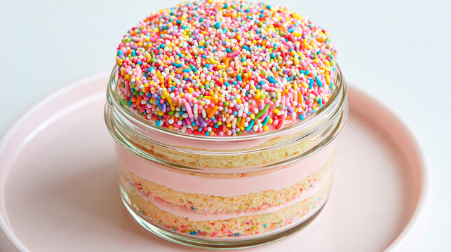 Layered pink cake dessert in glass jar topped with colorful sprinkles, sweet festive treat with creamy filling on pastel background