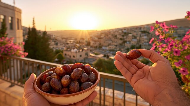 Person holding a ripe date with a bowl of dates and a scenic city view at sunset.