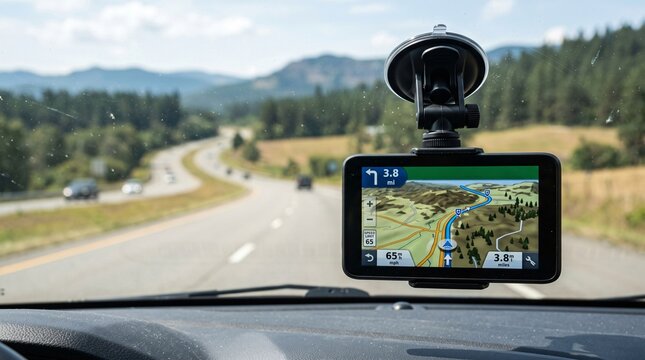 Standalone GPS Navigation Device Windshield Road Map Highlighted Route Suction Mount Blurred Countryside Macro Road Trip Guidance