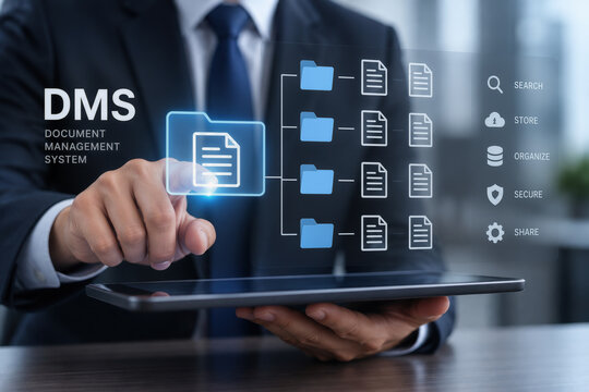 Document Management System DMS digital file database folder structure businessman touching file icon on tablet enterprise document organization and secure cloud workflow management solution