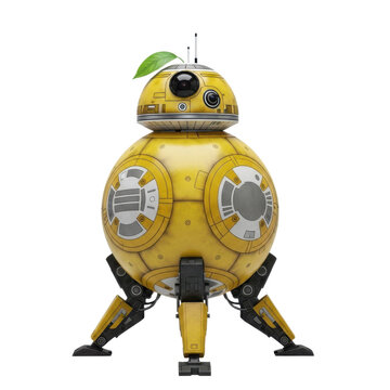 Golden yellow droid with green leaf on top against white background