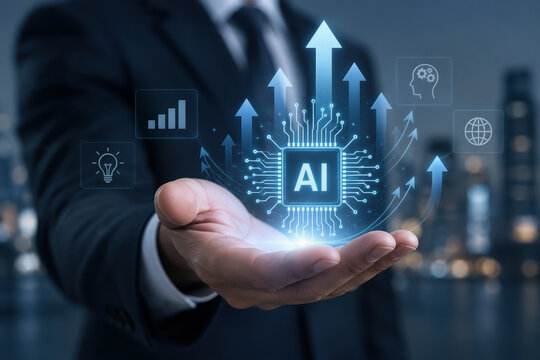 Businessman holding AI chip with upward arrows symbolizing artificial intelligence growth innovation technology future digital transformation and strategic AI development in business hand concept