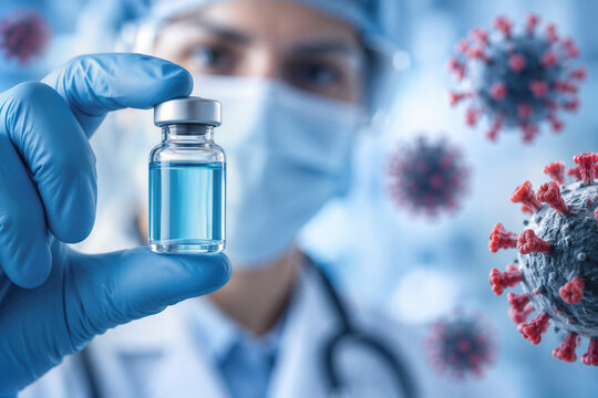 Coronavirus vaccine development concept doctor holding blue COVID-19 vaccine vial in hand research fight against coronavirus pandemic vaccine jar clinical scientist immunization