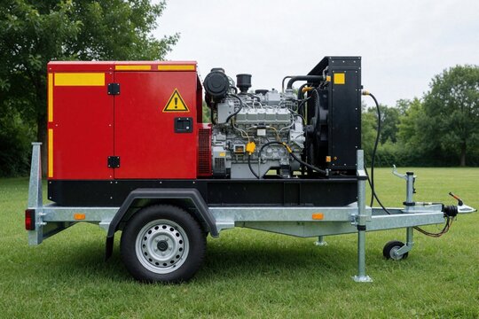 Mobile diesel generator on metal trailer parked on green grass. Red industrial backup power unit with engine, fuel tank provides emergency electricity. Portable machine uses diesel engine for stable