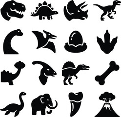 Dinosaur silhouettes depict prehistoric creatures and related elements on a white background © Sourav Singha 01